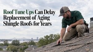 Technician inspecting an aging shingle roof
