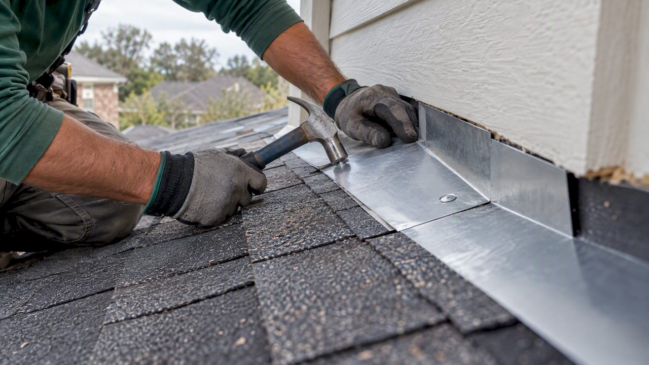 Roof Replacement Timeline: 1–2 Days of Work, Hidden Repairs Add Time 1 Roofer fitting flashing beneath roof shingles