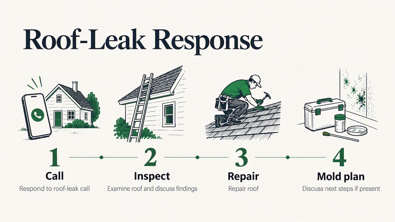 Roof Leak Mold for Homeowners: 24–48 Hours to Act, When to Call Pros 2 How we handle roof-leak mold cases at Stalwart Roofing — overview diagram