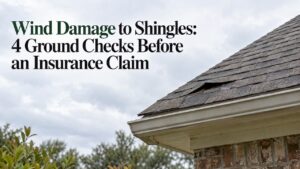 Wind-creased shingles along a home's roof edge