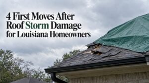 Storm-damaged Louisiana roof with temporary tarp