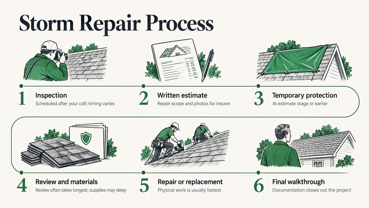 4 First Moves After Roof Storm Damage for Louisiana Homeowners 1 Storm repair stages from inspection to walkthrough
