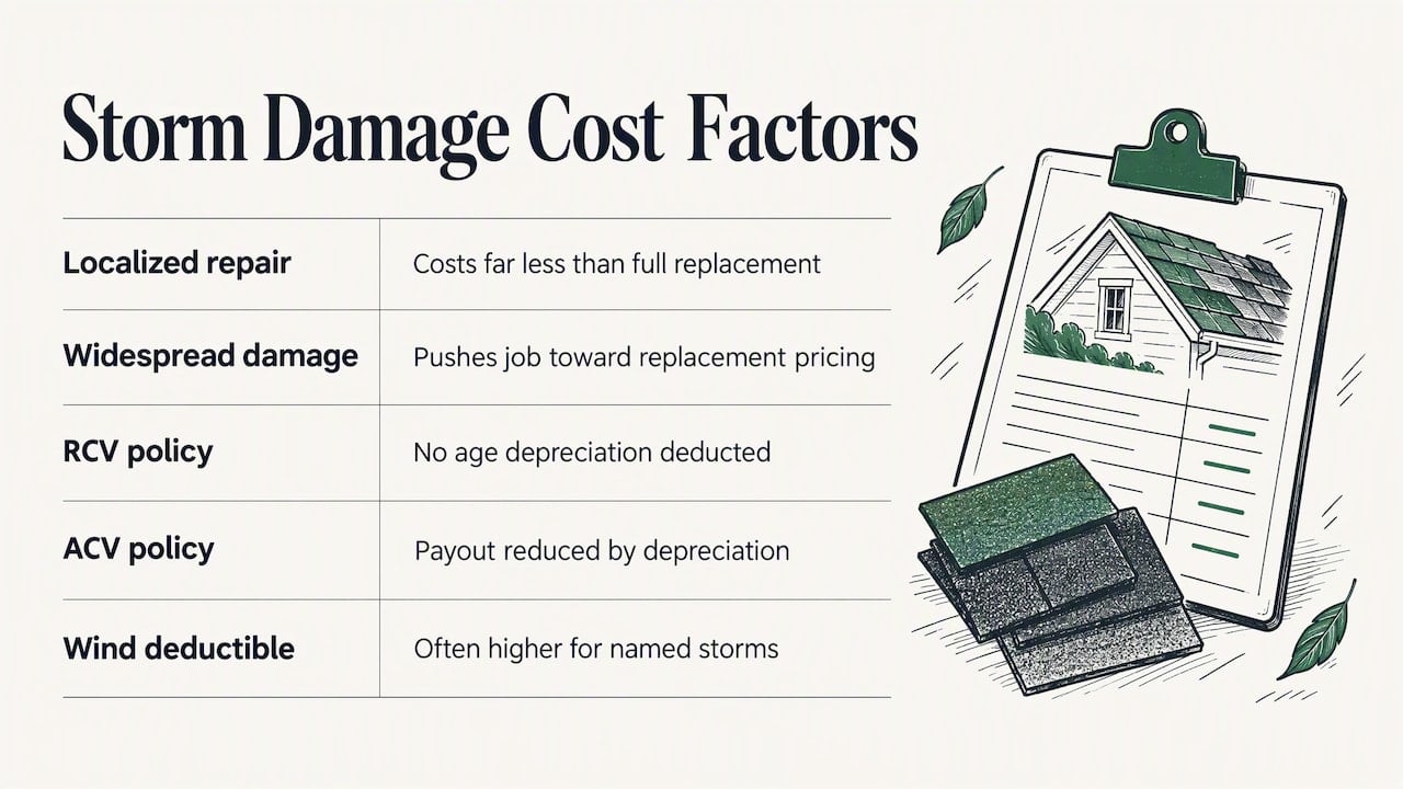 4 First Moves After Roof Storm Damage for Louisiana Homeowners 2 Comprehensive cost overview: repair and replacement pricing, insurance impact, and out-of-pocket costs — overview diagram
