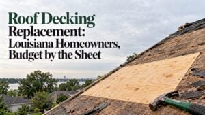 New plywood sheet among exposed roof decking