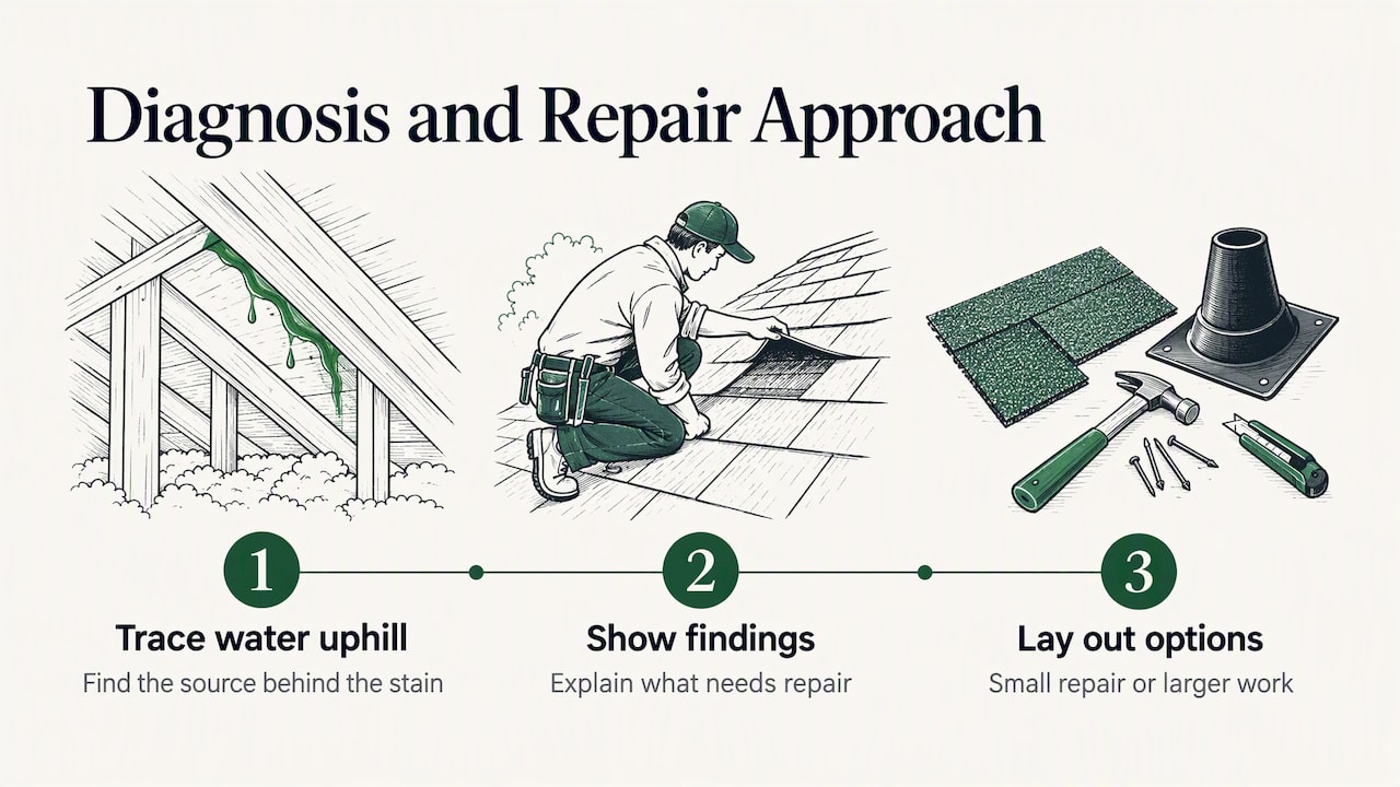 Roof Leak Signs: What to Look for Inside and Out 2 Our Perspective: Honest Diagnosis Beats a Fast Patch — overview diagram