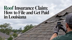 Storm-damaged shingles being photographed on a roof