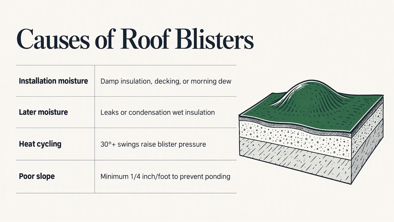 Four conditions that contribute to flat roof blisters