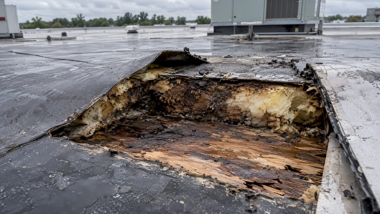 Commercial Roof Replacement Cost: 2026 Price Guide 1 Water-damaged insulation exposed beneath commercial roofing